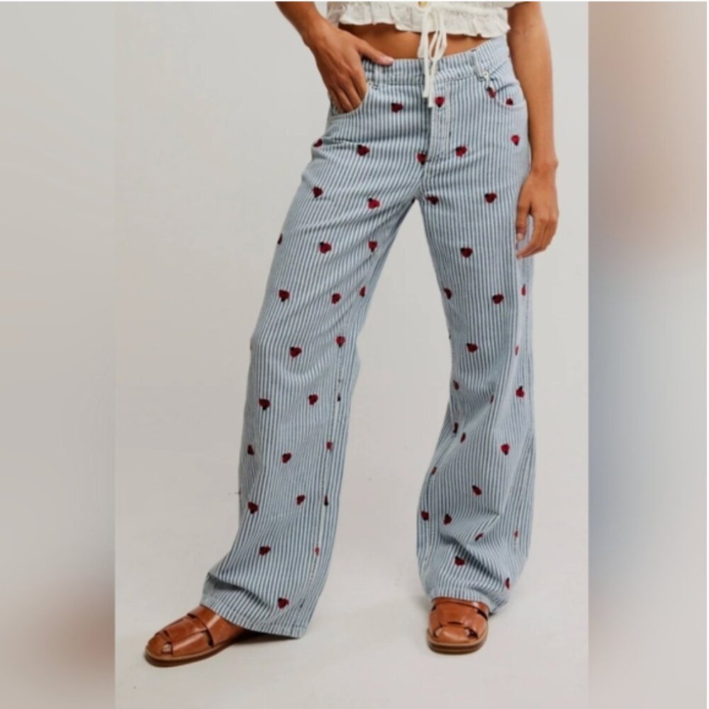 Free People Light Blue Pinstripe Straight-Leg Pants with Red Heart Motif
